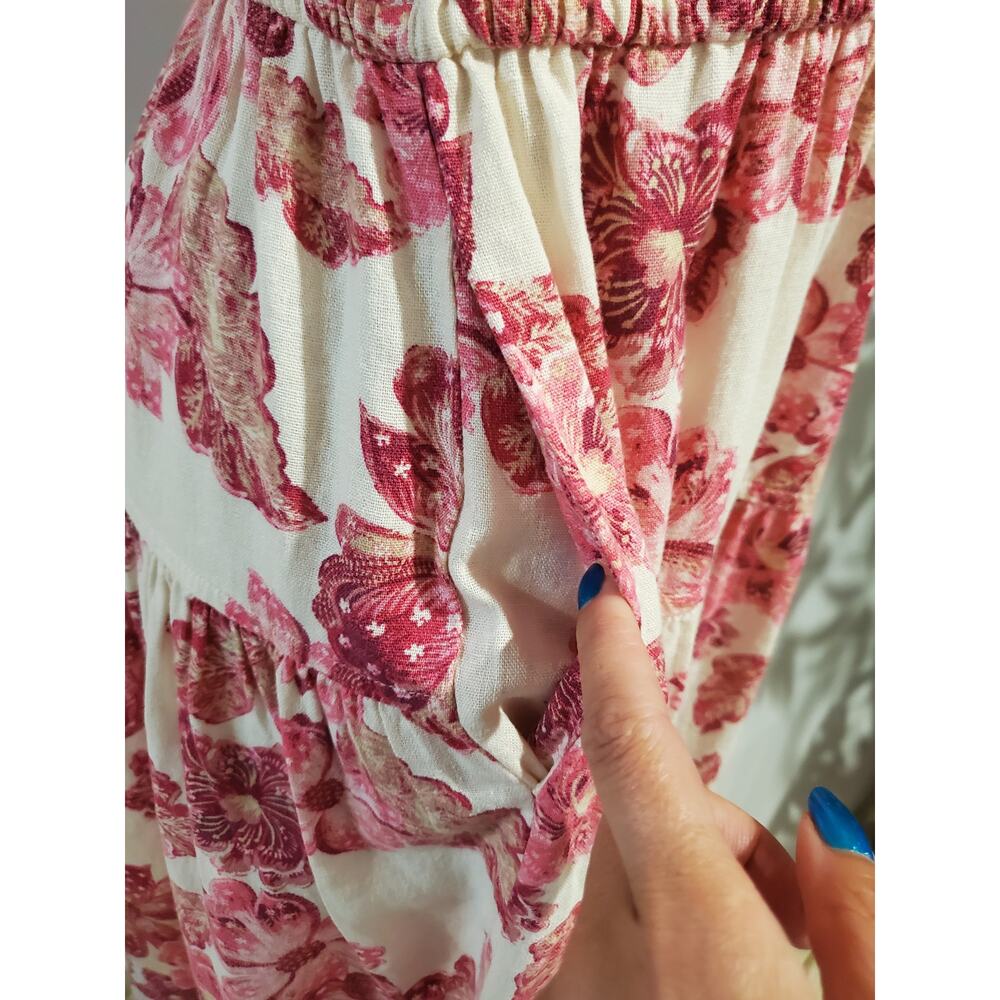 Old Navy Cami Smocked Tiered Floral Linen Blend Maxi Dress Size L Pockets Summer - Picture 7 of 13